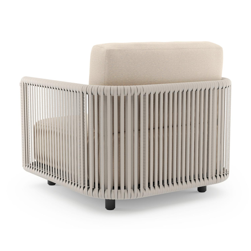 Organo loungestoel 1-zit in zwart aluminium en beige verticaal geweven luxe vlakke rope met heritage papyrus all weather sunbrella® luxe kussen