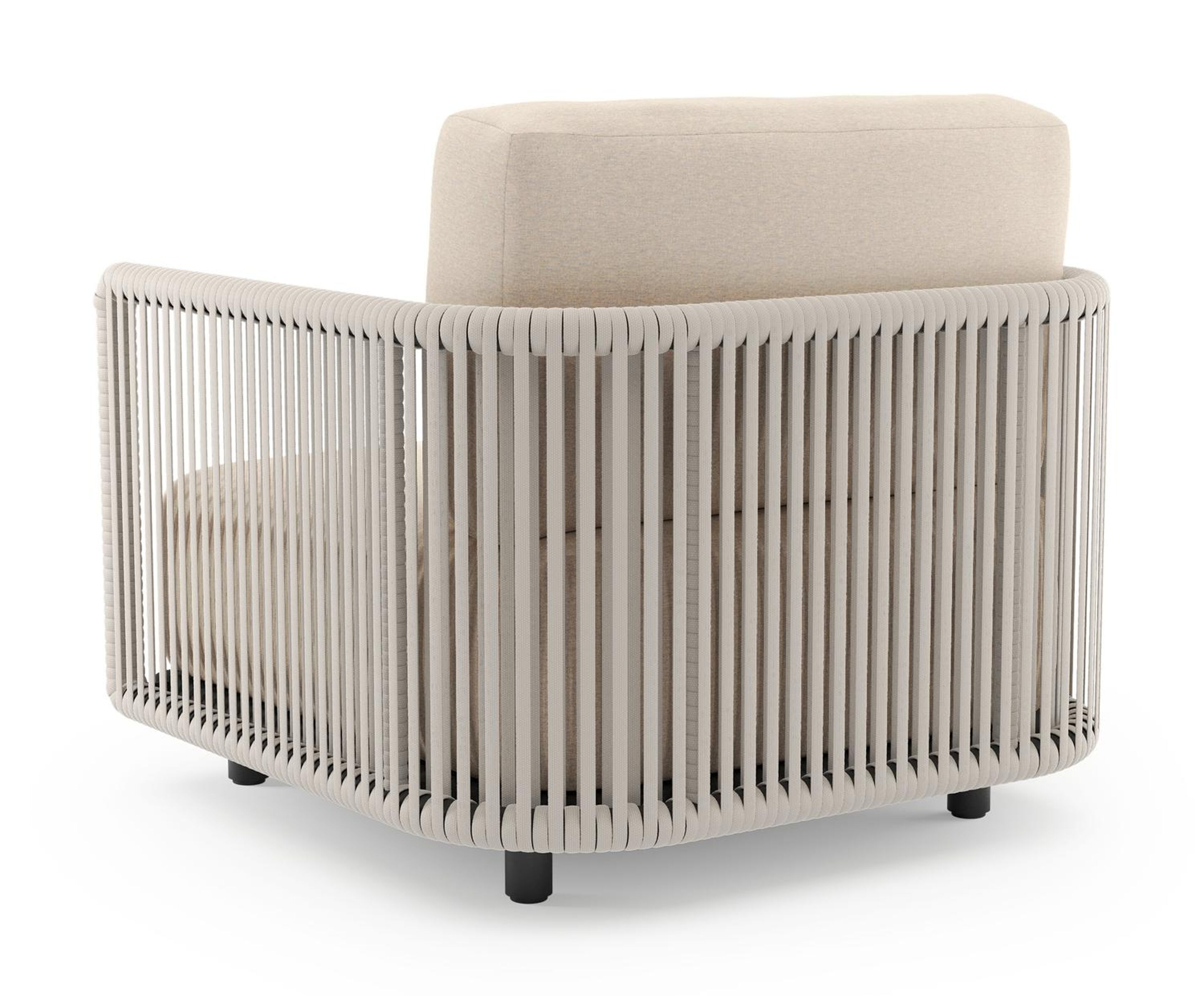 Organo loungestoel 1-zit in zwart aluminium en beige verticaal geweven luxe vlakke rope met heritage papyrus all weather sunbrella® luxe kussen