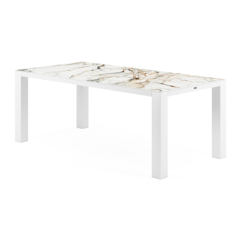 Table de jardin Nano en aluminium blanc et céramique pleine calacatta luxe - Lg 200 x Larg. 100 x H 76 cm