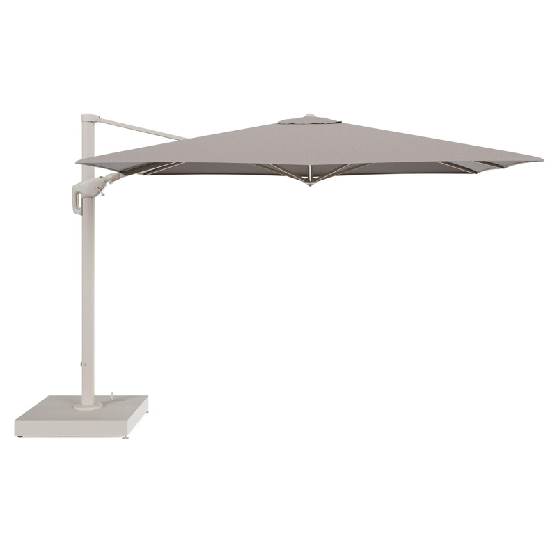 Minore zweefparasol met tiltfunctie in beige aluminium en Lopi Pepper All Weather Sunbrella® Luxe parasoldoek - L1 280 x L2 370 cm met parasolvoet Minore 260 kg met wielen