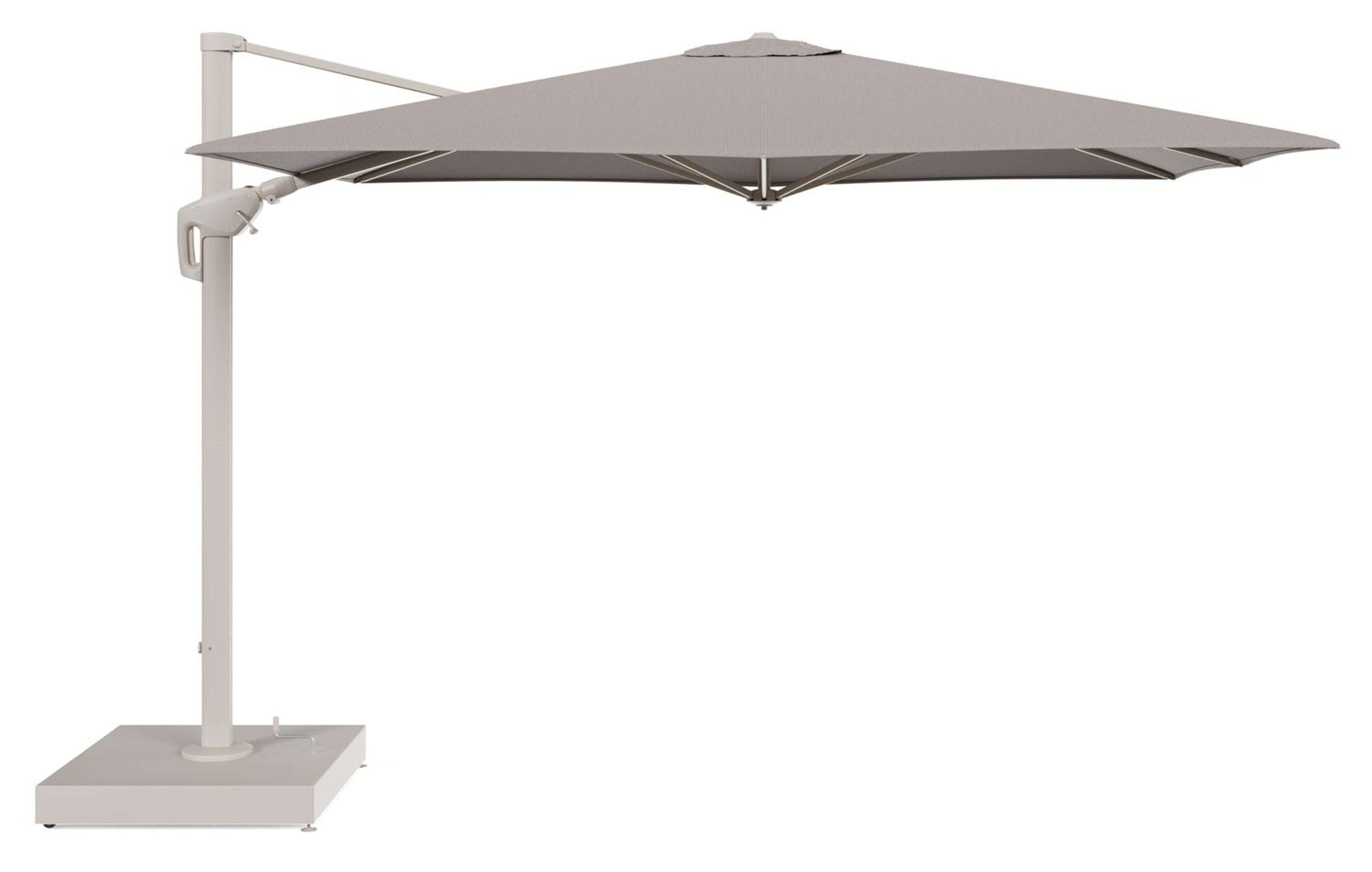 Minore zweefparasol met tiltfunctie in beige aluminium en Lopi Pepper All Weather Sunbrella® Luxe parasoldoek - L1 280 x L2 370 cm met parasolvoet Minore 260 kg met wielen