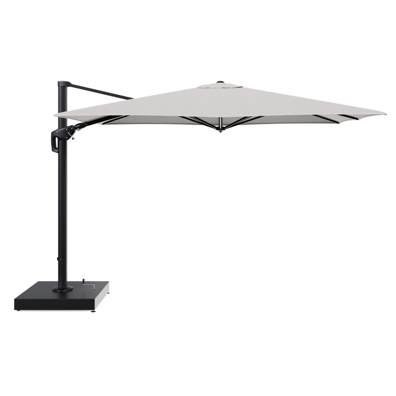 Minore zweefparasol met tiltfunctie in zwart aluminium en Tundra Sand All Weather Sunbrella® Luxe parasoldoek - L1 280 x L2: 370 cm met parasolvoet Minore 260 kg met wielen