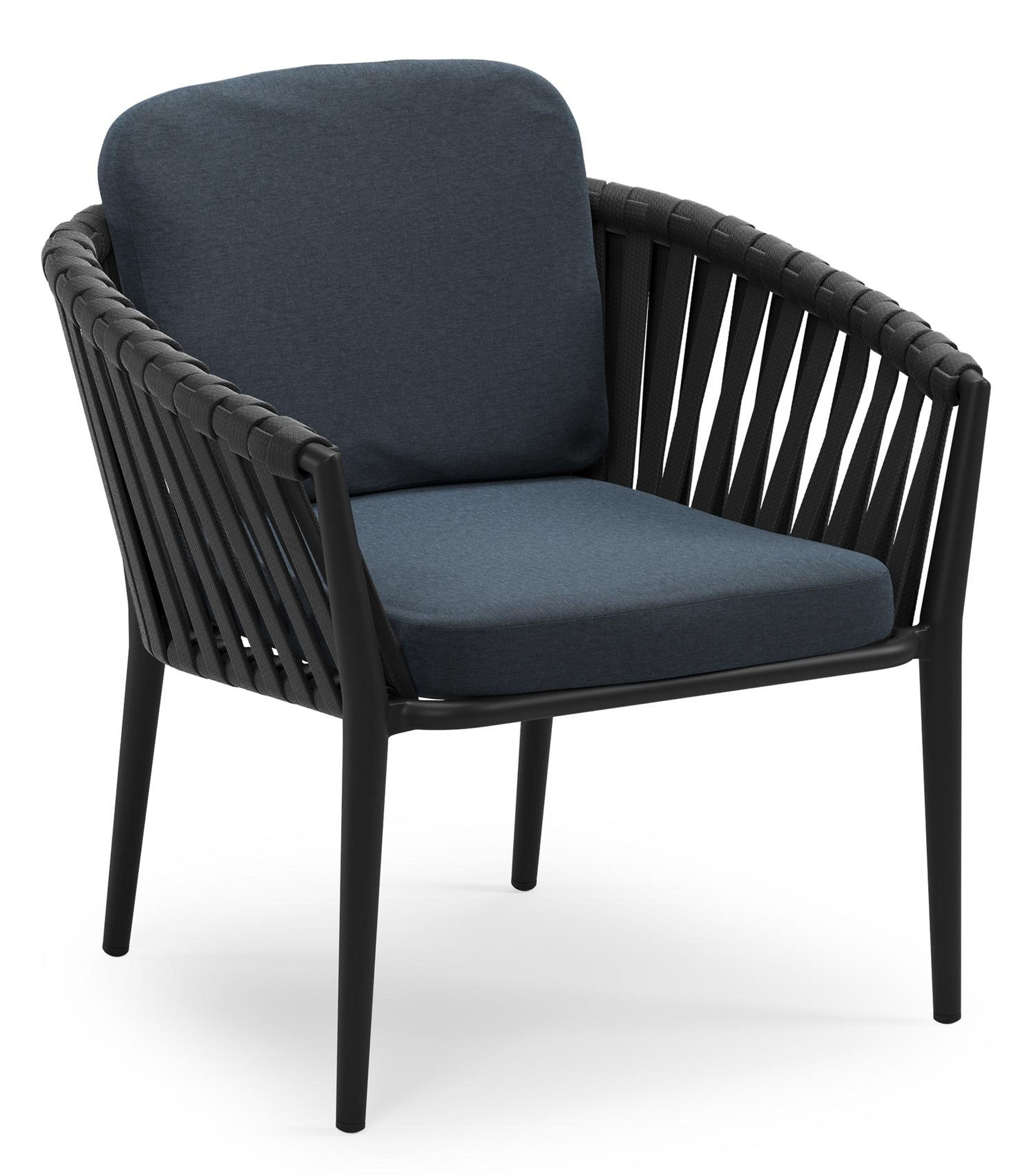 Orso low dining tuinstoel in zwart aluminium en zwart verticaal geweven luxe vlakke brede rope met stoelkussen in All Weather Sunbrella® Luxe Heritage Indigo