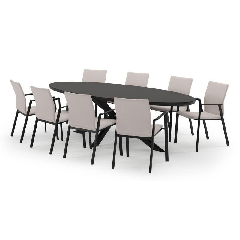 Pamplona ensemble de jardin ovale en aluminium noir en sintered stone notte minerale avec 8 chaises de jardin Madura