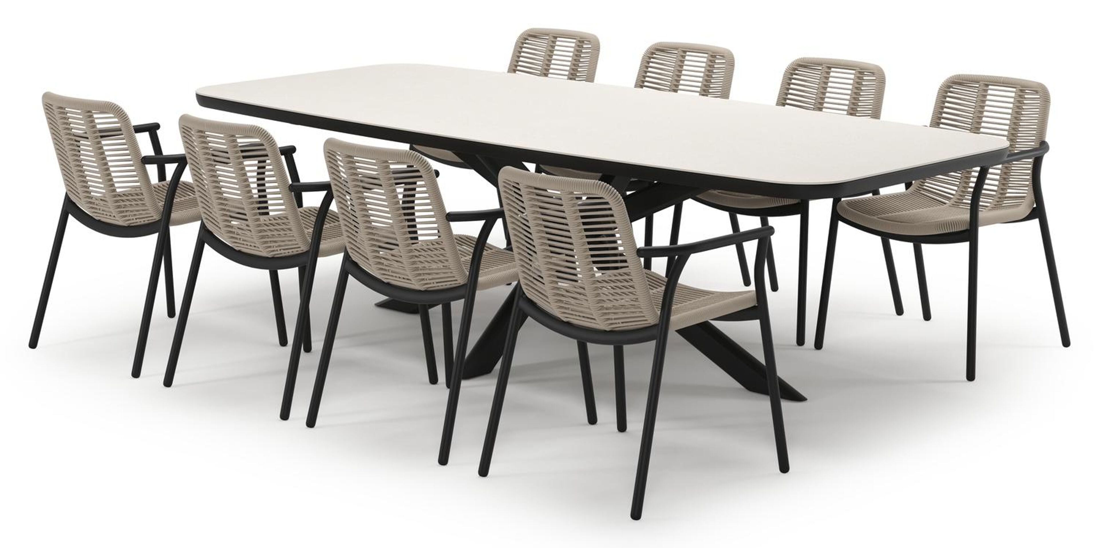 Pamplona tuinset in zwart aluminium en crema minerale sintered stone met 8 stapelbare Berga tuinstoelen