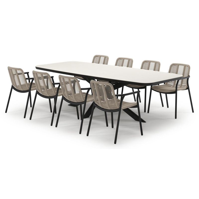 Pamplona tuinset in zwart aluminium en crema minerale sintered stone met 8 stapelbare Berga tuinstoelen