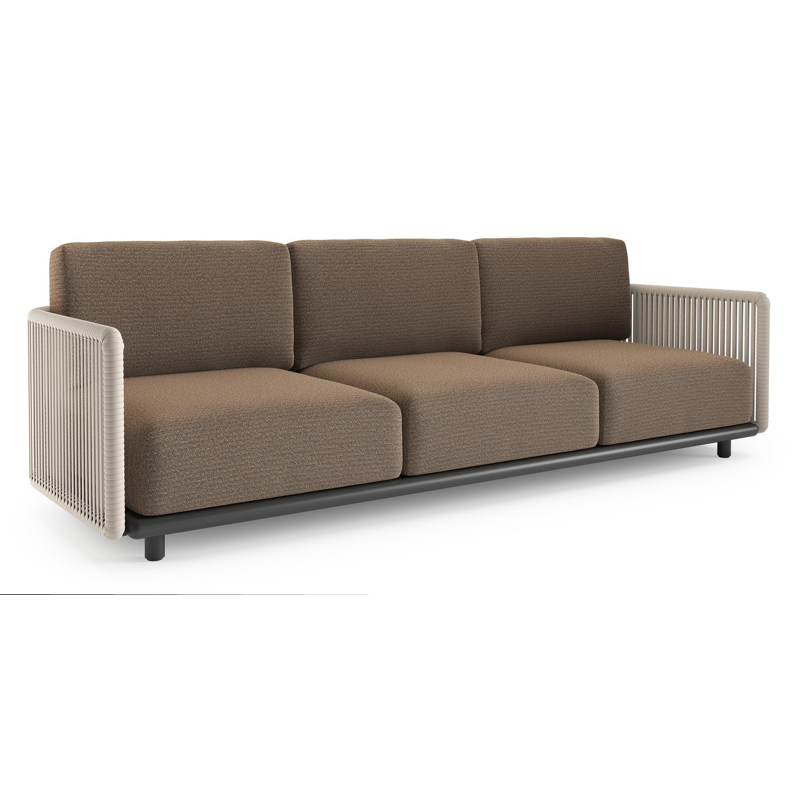 Organo loungebank in zwart aluminium en beige verticaal geweven luxe vlakke rope met firenze bamboe all weather Solica kussen