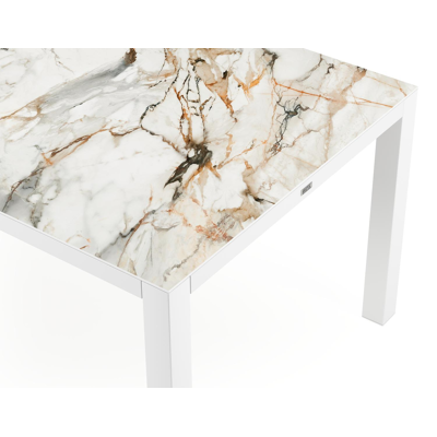 Table de jardin Como en aluminium blanc et céramique pleine calacatta luxe - Lg 160 x Larg. 100 x H 76 cm