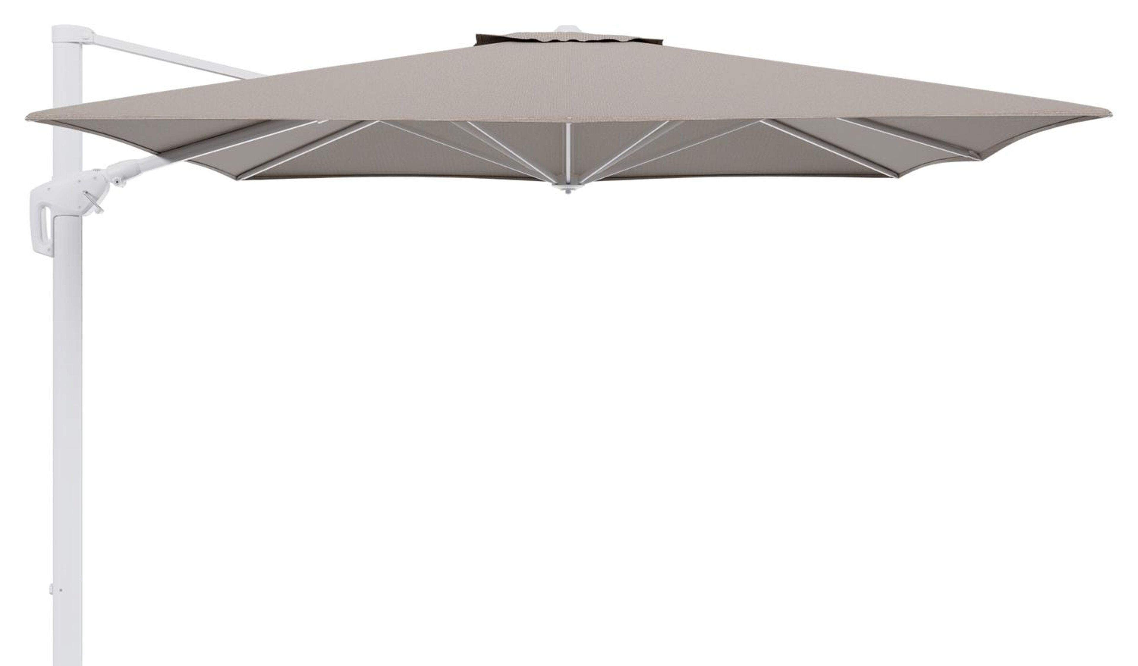 Parasol pendant Minore avec fonction tilt en aluminium blanc et toile de parasol en All Weather Solica Firenze Earth - Lg.1: 350 x Lg.2: 350 cm (sans pied de parasol