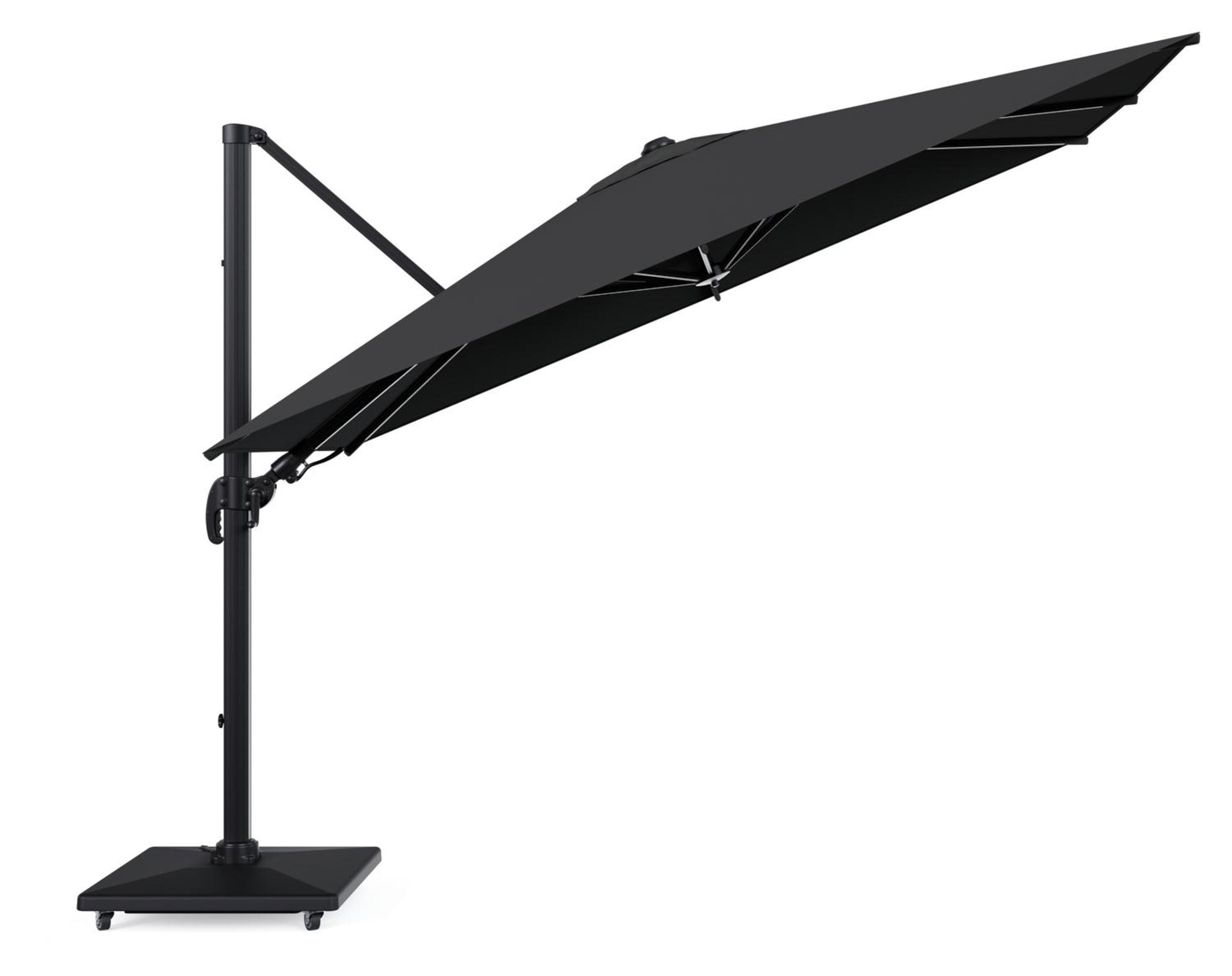 Avola zweefparasol met tiltfunctie in zwart aluminium met zwart weather+ softtouch parasoldoek - L1 200 x L2 300 cm met parasolvoet Avola 90 kg