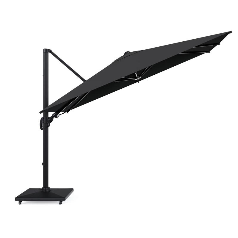 Avola zweefparasol met tiltfunctie in zwart aluminium met zwart weather+ softtouch parasoldoek - L1 200 x L2 300 cm met parasolvoet Avola 90 kg