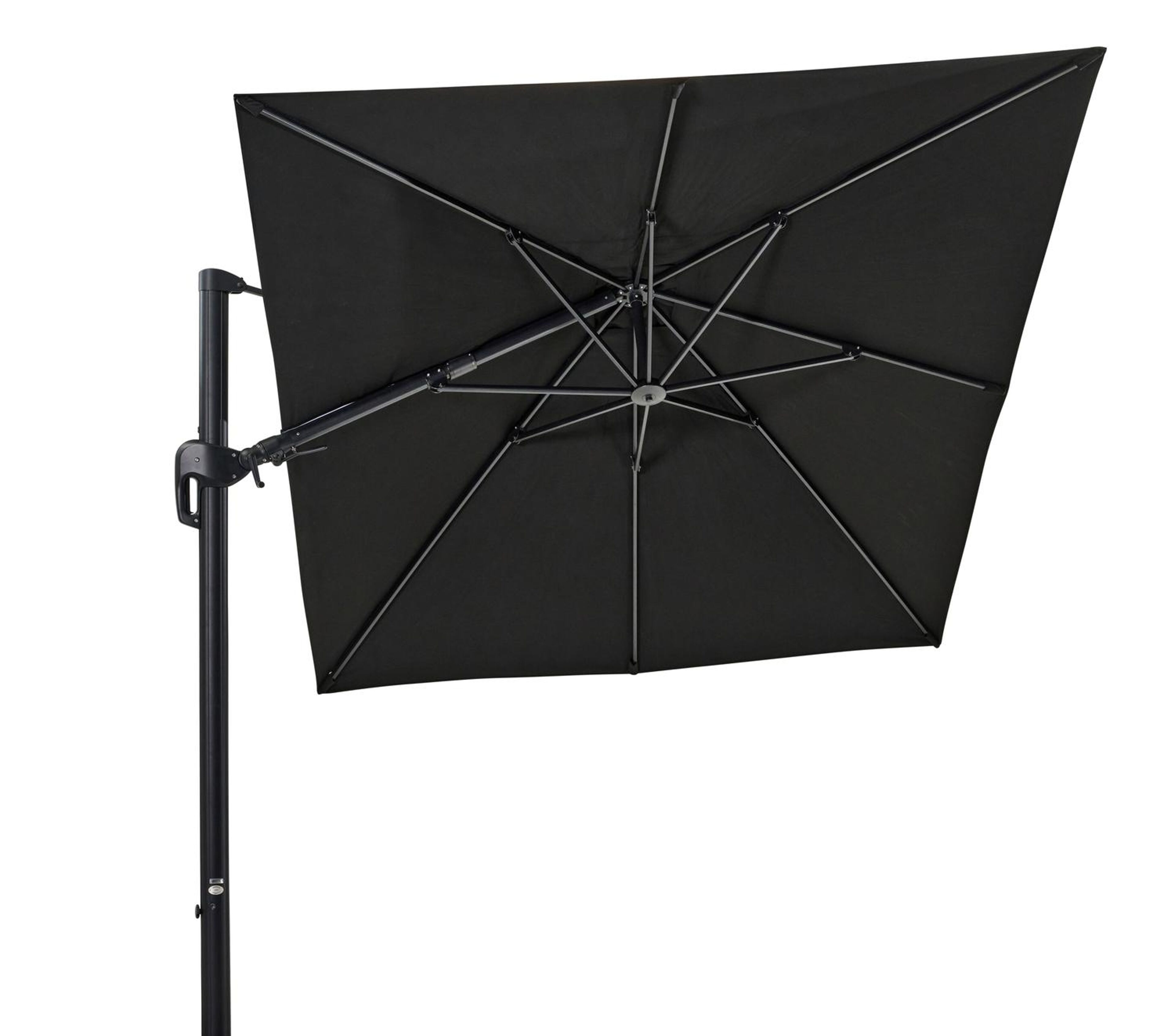Parasol pendant Rufina avec fonction tilt en aluminium noir avec toile de parasol en all weather sunbrella® premium noir - Larg1 250 x Larg2 350 cm (sans pied de parasol)