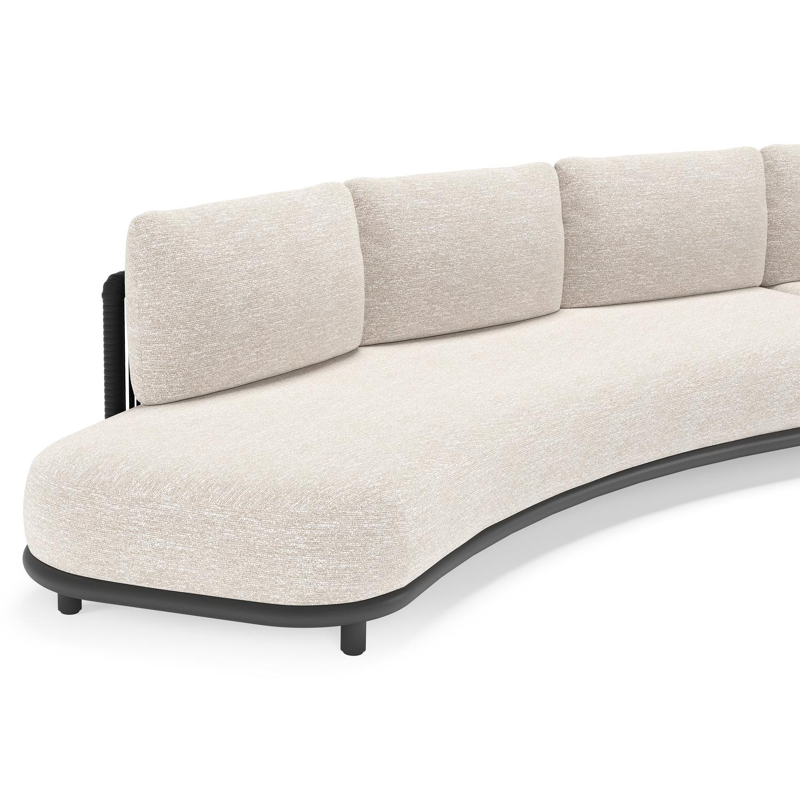 Lomano loungehoek in zwart aluminium en zwart verticaal geweven luxe vlakke rope met tundra sand all weather sunbrella® luxe kussen
