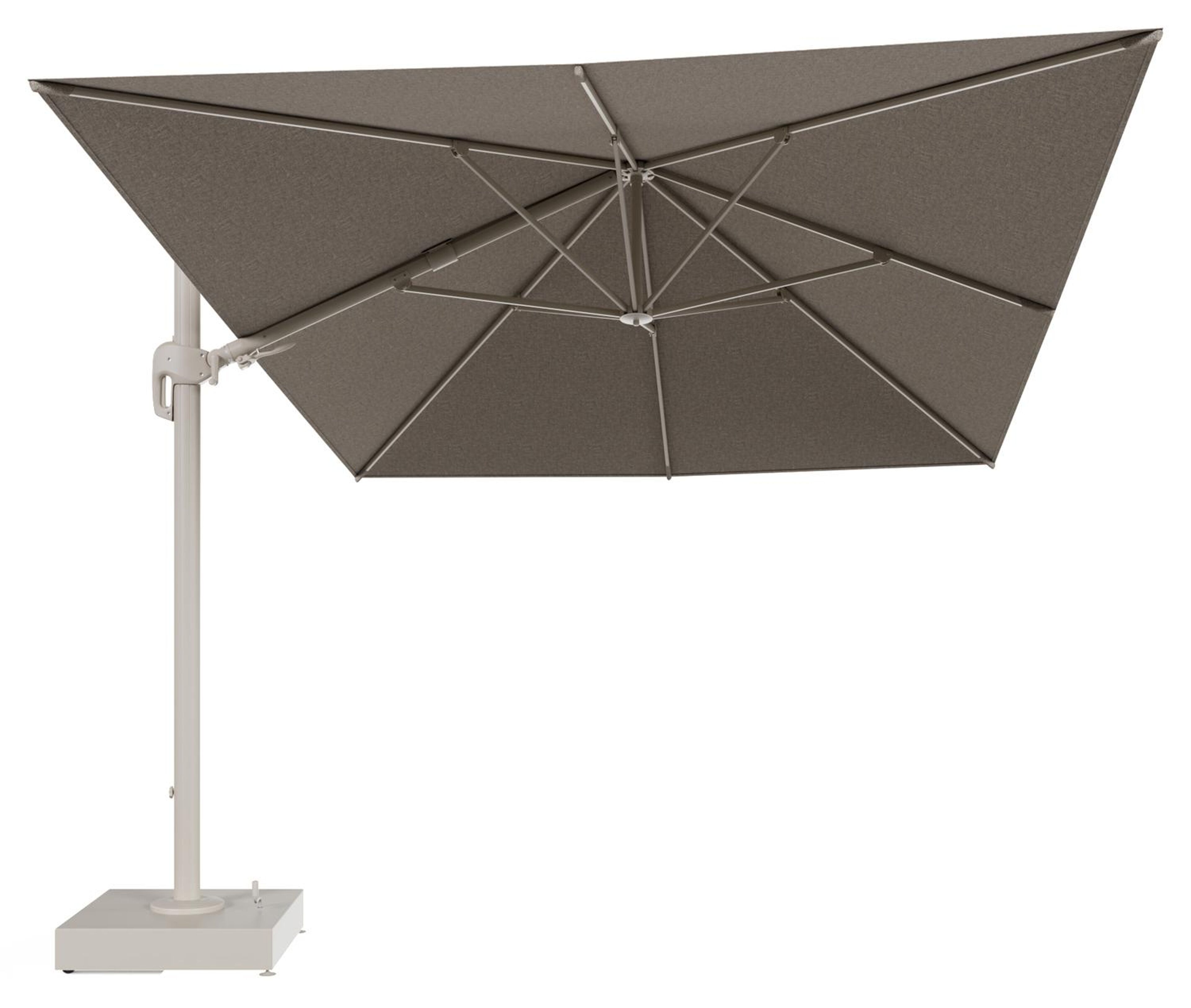 Rufina zweefparasol met tiltfunctie in beige aluminium en Chartres Pewter All Weather Sunbrella® Luxe parasoldoek - L1 400 x L2 300 cm met parasolvoet Minore 150 kg met wielen