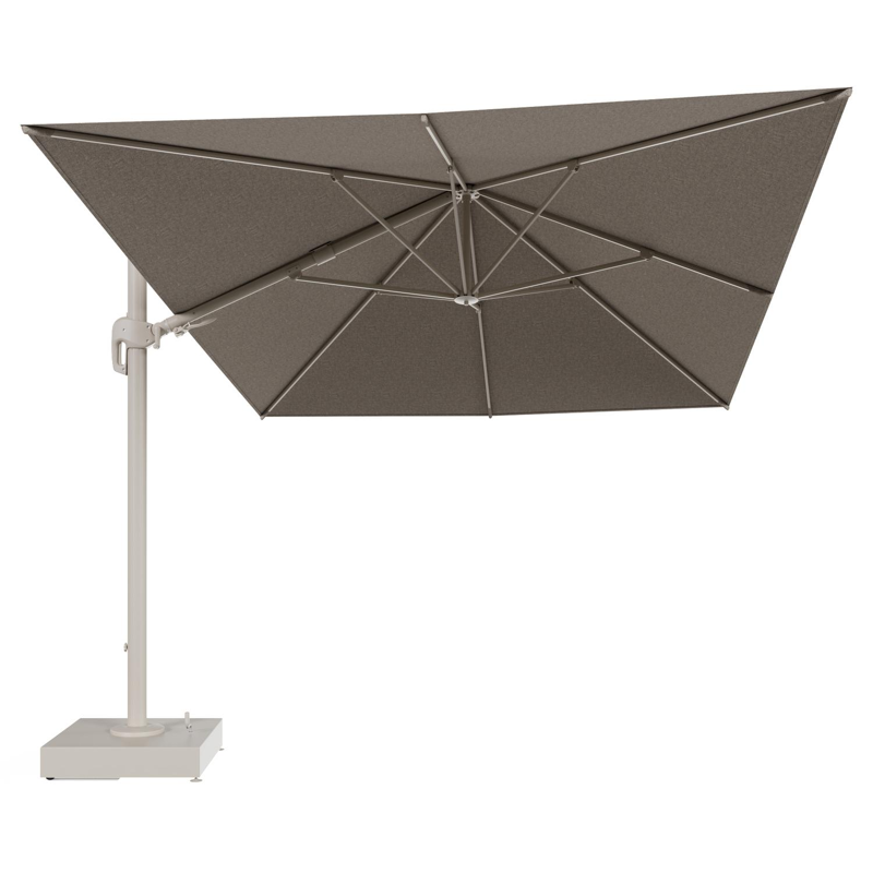 Rufina zweefparasol met tiltfunctie in beige aluminium en Chartres Pewter All Weather Sunbrella® Luxe parasoldoek - L1 400 x L2 300 cm met parasolvoet Minore 150 kg met wielen