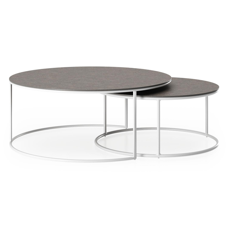 Ensemble de 2 tables d'appoint Fano ronde en aluminium blanc et céramique pleine Wulong - Diam. 85/65 x Haut. 35/30 cm