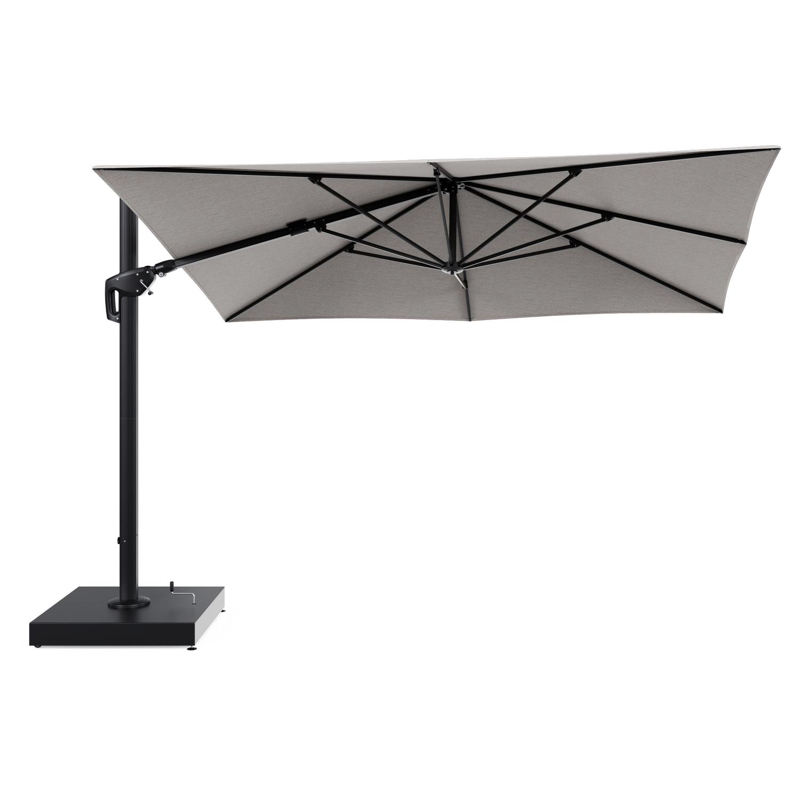 Minore zweefparasol met tiltfunctie in zwart aluminium en Tundra Sand All Weather Sunbrella® Luxe parasoldoek - L1 280 x L2: 370 cm met parasolvoet Minore 260 kg met wielen