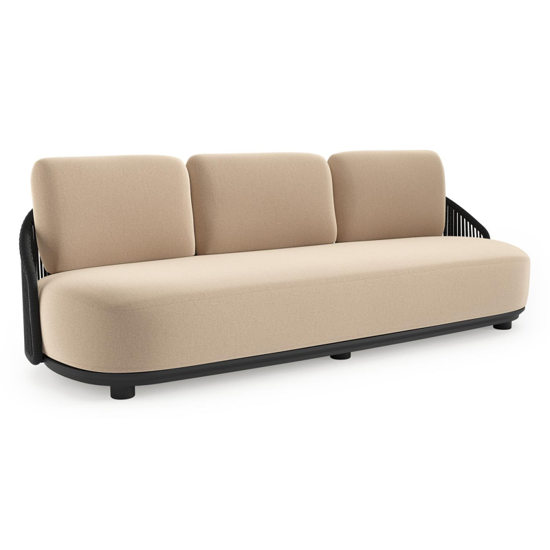 Canapé de jardin Vadelo en aluminium noir et corde ronde tissée verticalement noir et coussins en all weather sunbrella® luxe natte heather beige