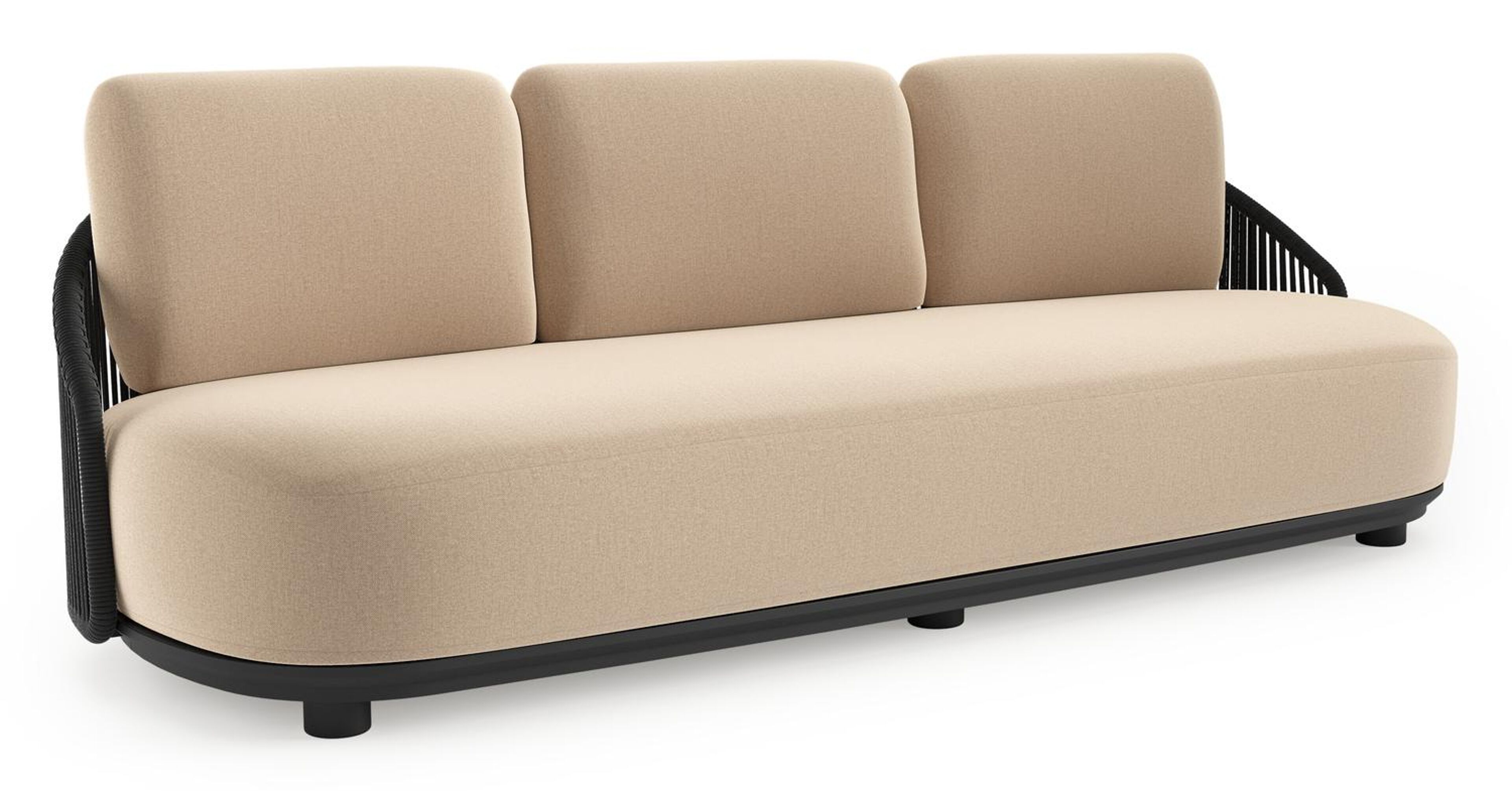 Canapé de jardin Vadelo en aluminium noir et corde ronde tissée verticalement noir et coussins en all weather sunbrella® luxe natte heather beige