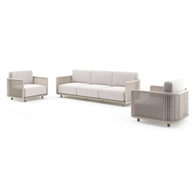 Organo loungeset in beige aluminium en beige verticaal geweven luxe vlakke rope met ego eggshell all weather Solica kussen