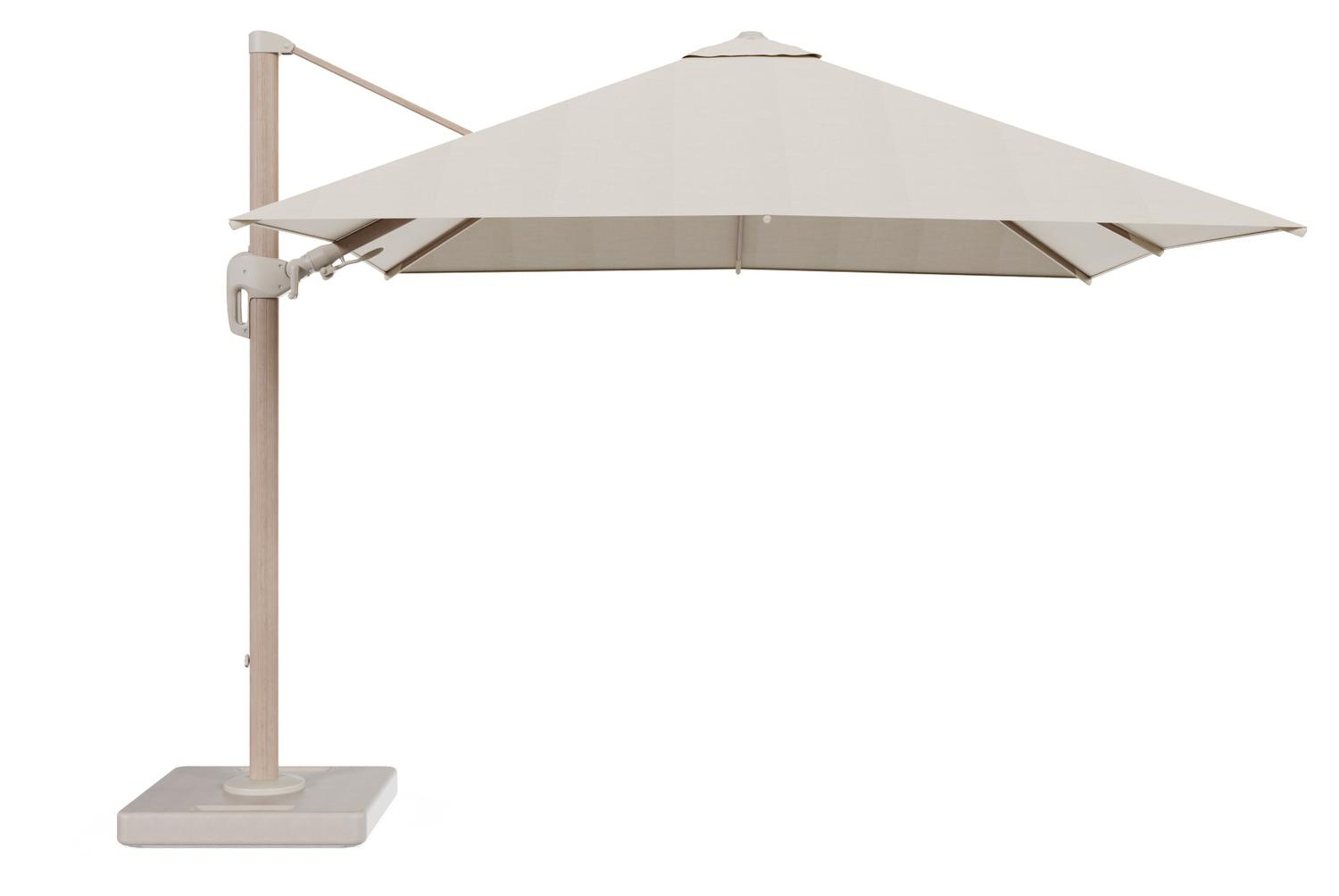 Rufina zweefparasol tiltfunctie in houtlook aluminium en parasoldoek in All Weather Sunbrella® Premium Beige - L1 300 x L2 300 cm met parasolvoet Lapido 160 kg