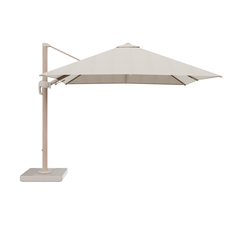 Rufina zweefparasol tiltfunctie in houtlook aluminium en parasoldoek in All Weather Sunbrella® Premium Beige - L1 300 x L2 300 cm met parasolvoet Lapido 160 kg