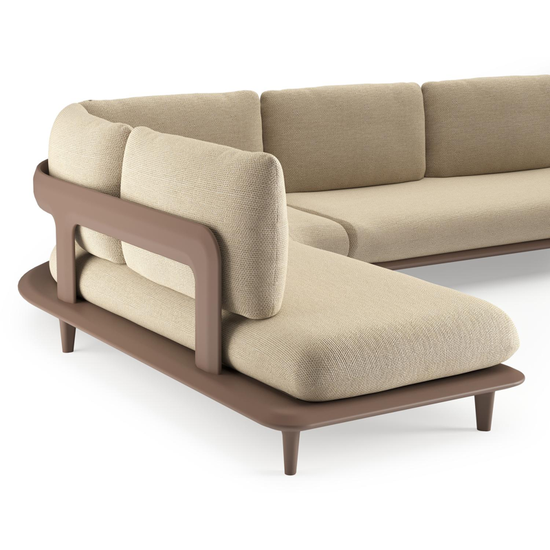 Bomero loungehoek in taupe aluminium met althea camel all weather cosytica kussen