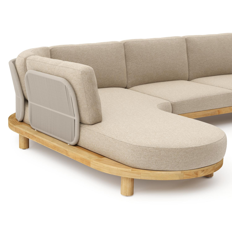 Donato loungehoek in teak en beige verticaal geweven ronde rope met all weather cosytica Madagascar Oak kussen