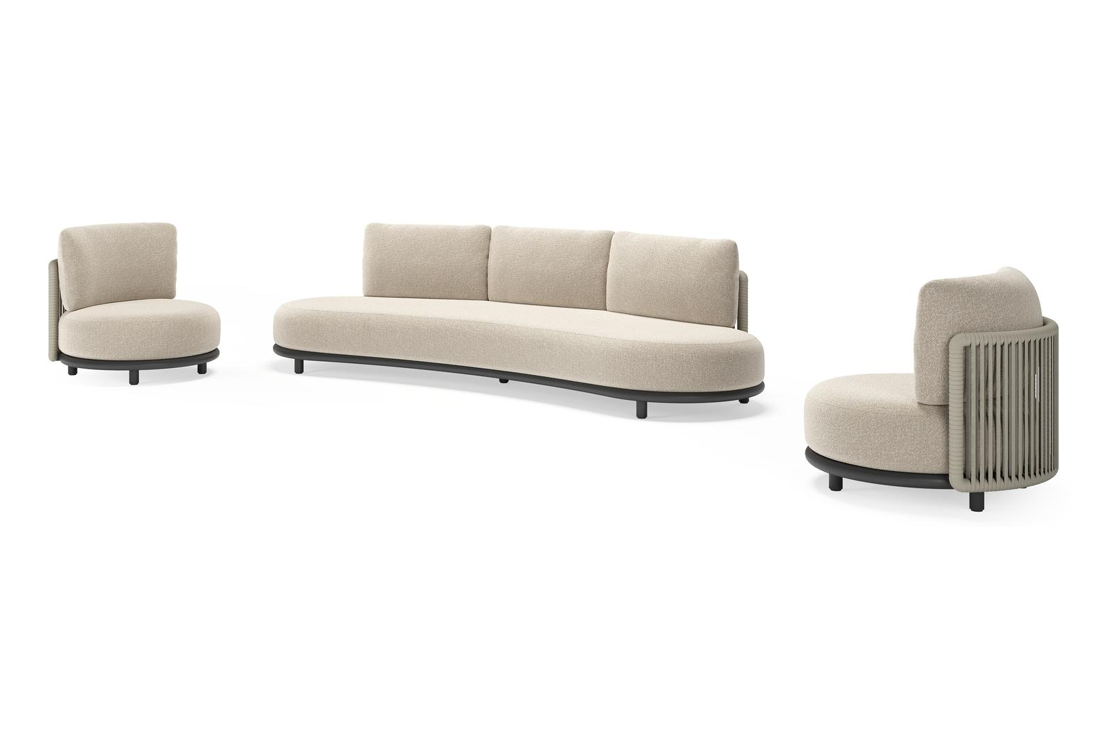 Lomano loungeset in zwart aluminium en beige verticaal geweven luxe vlakke rope met Marbella Ecru all weather cosytica