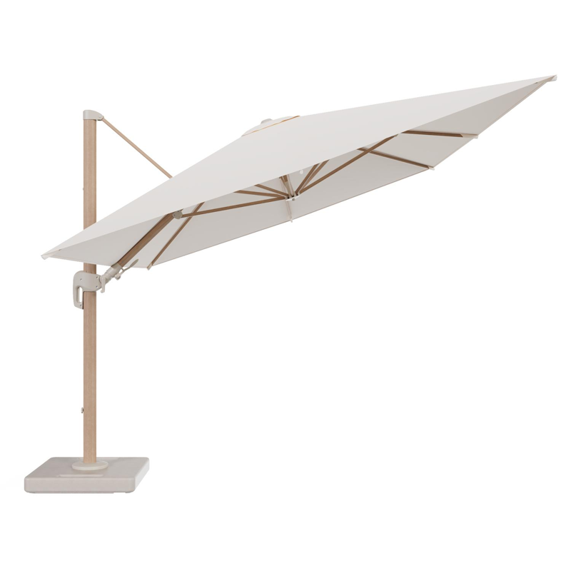 Rufina zweefparasol tiltfunctie in houtlook aluminium en parasoldoek in All Weather Sunbrella® Luxe Natte Linen Chalk - L1 400 x L2 300 cm met parasolvoet Lapido 160 kg