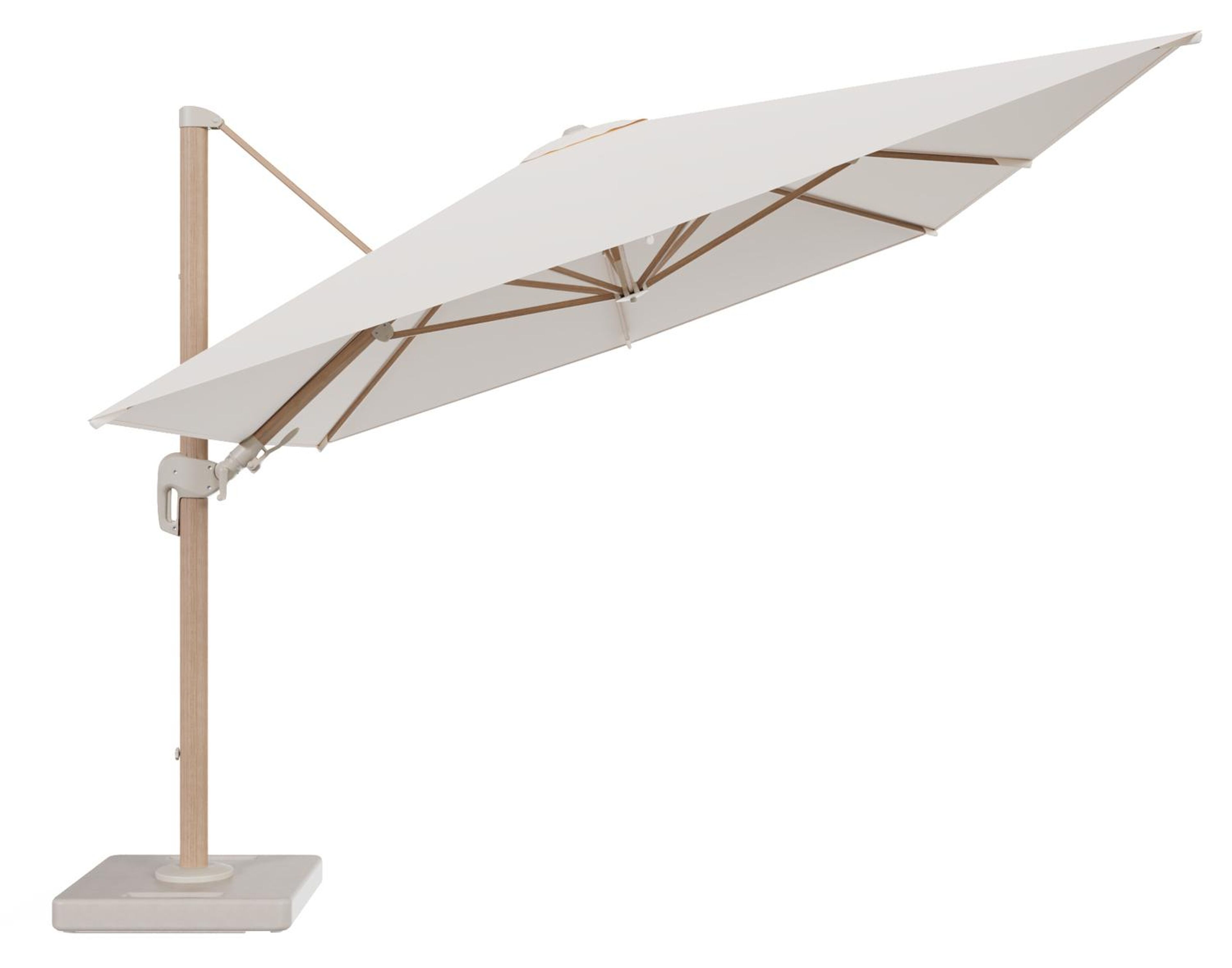 Rufina zweefparasol tiltfunctie in houtlook aluminium en parasoldoek in All Weather Sunbrella® Luxe Natte Linen Chalk - L1 400 x L2 300 cm met parasolvoet Lapido 160 kg