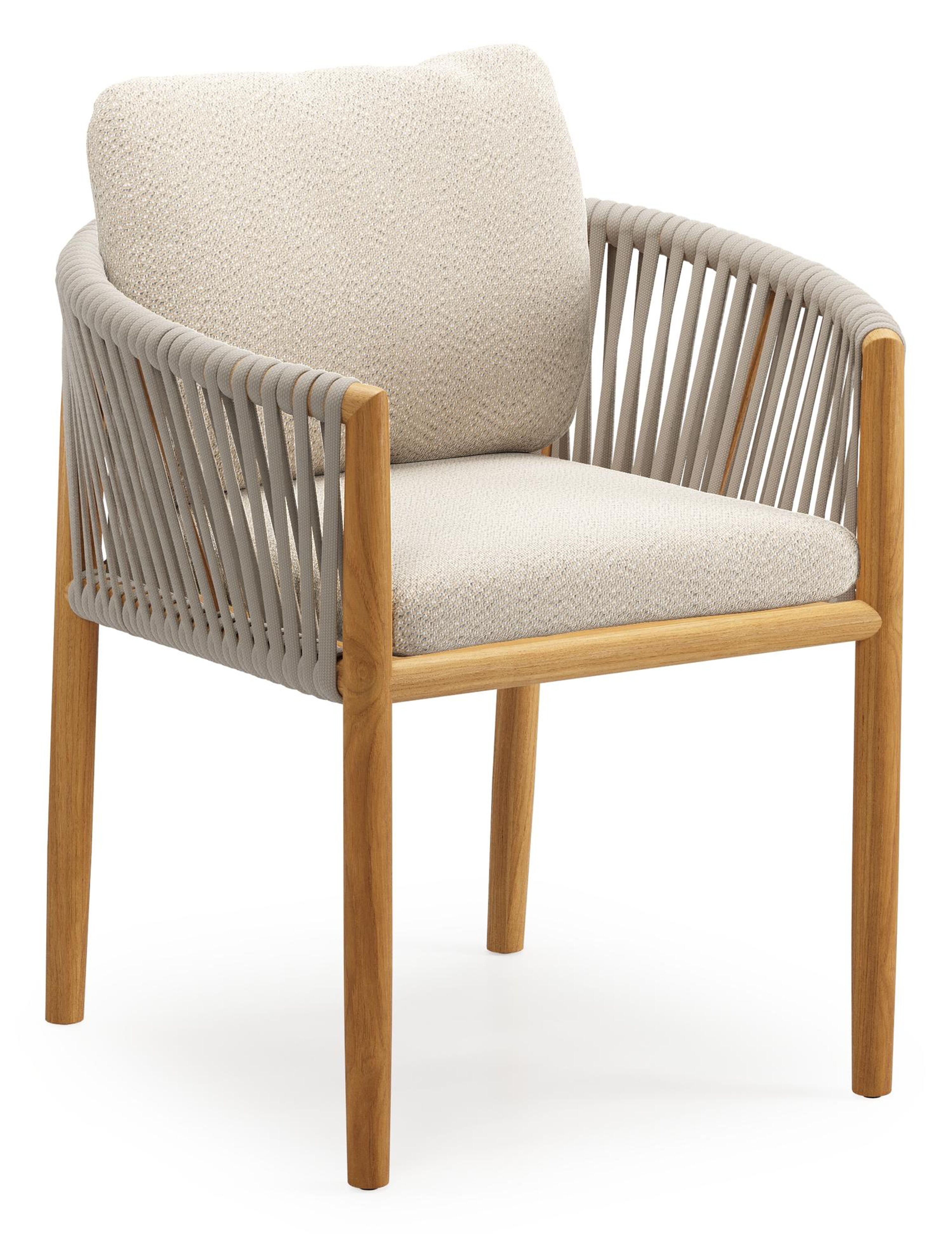 Organo tuinstoel in teak en beige verticaal geweven luxe vlakke rope met zitkussen in All Weather Sunbrella® Luxe Lopi Sand