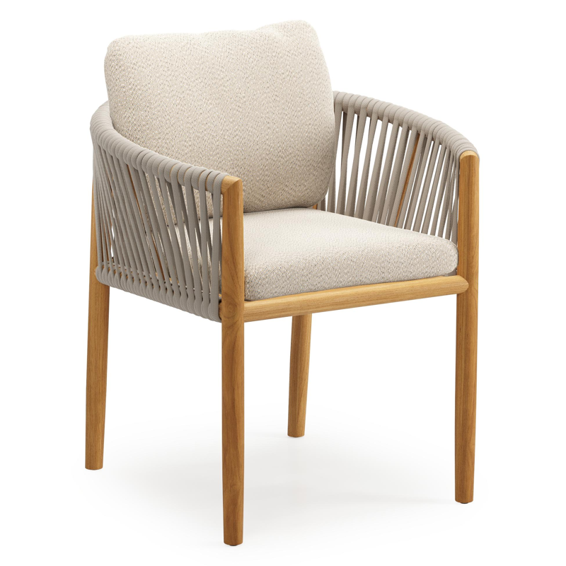 Organo tuinstoel in teak en beige verticaal geweven luxe vlakke rope met zitkussen in All Weather Sunbrella® Luxe Lopi Sand