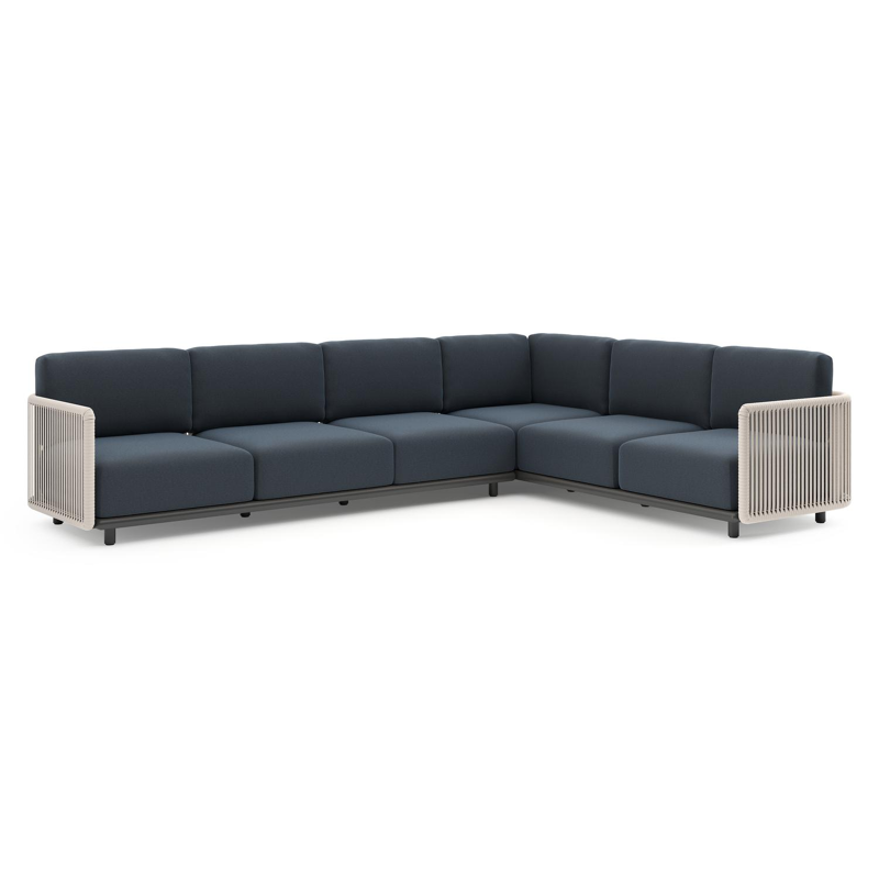 Organo loungehoek in zwart aluminium en beige verticaal geweven luxe vlakke rope met heritage indigo all weather Sunbrella® luxe kussen