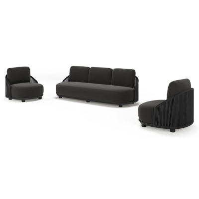 Vadelo loungeset in zwart aluminium en zwart verticaal geweven ronde rope met natte sooty all weather sunbrella® luxe kussen