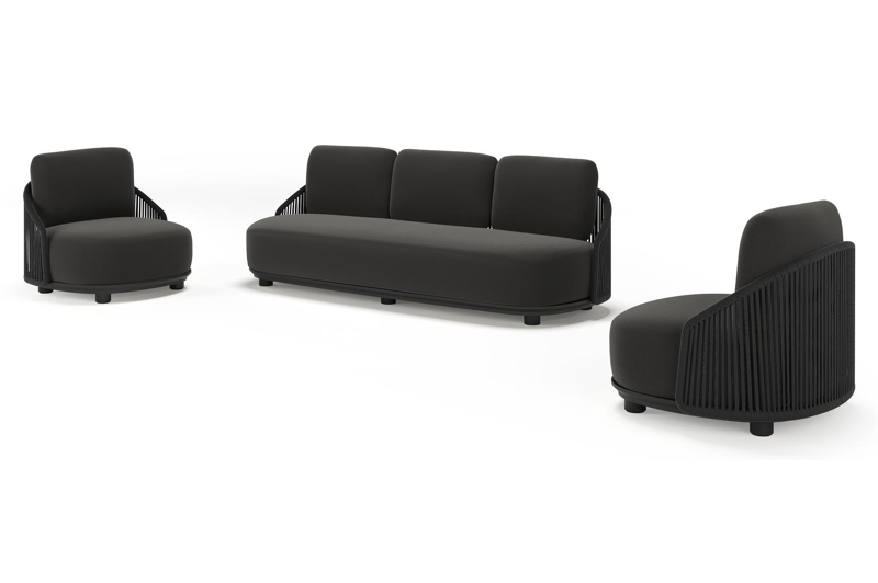 Vadelo loungeset in zwart aluminium en zwart verticaal geweven ronde rope met natte sooty all weather sunbrella® luxe kussen