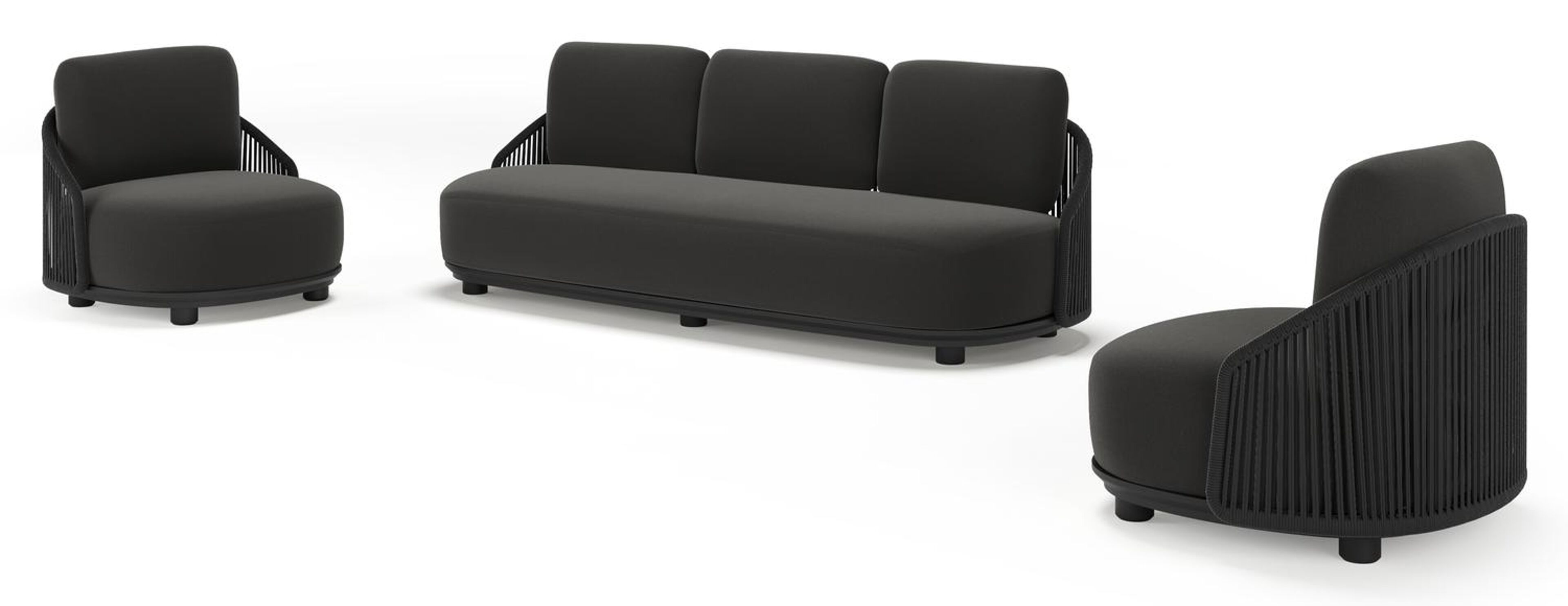 Vadelo loungeset in zwart aluminium en zwart verticaal geweven ronde rope met natte sooty all weather sunbrella® luxe kussen