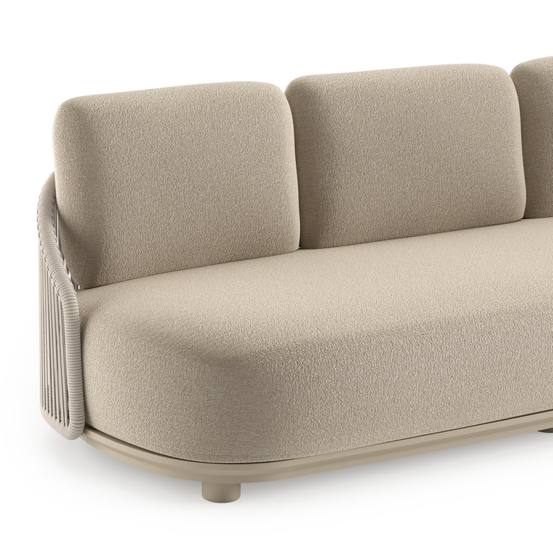 Canapé de jardin Vadelo en aluminium beige et corde ronde tissée verticalement beige et coussins en all weather cosytica marbella sand