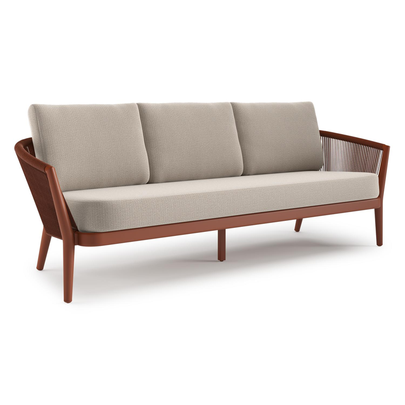 Canapé de jardin Orso en aluminium brun rouille en corde ronde tissée verticalement brun rouille et coussins en all weather sunbrella® luxe Lopi Fossil