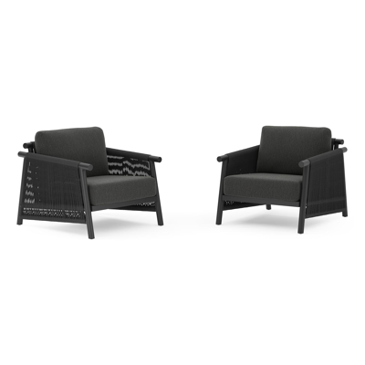 Set van 2 Erla loungestoelen in zwart aluminium en zwart verticaal geweven ronde rope met zwart weather+ softtouch kussens