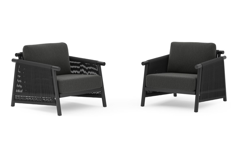 Set van 2 Erla loungestoelen in zwart aluminium en zwart verticaal geweven ronde rope met zwart weather+ softtouch kussens