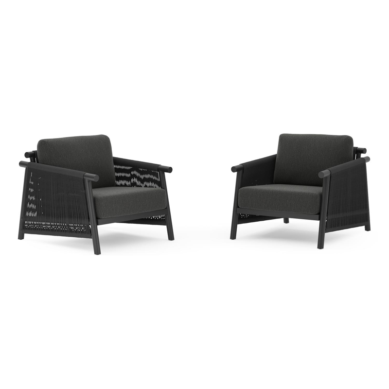 Set van 2 Erla loungestoelen in zwart aluminium en zwart verticaal geweven ronde rope met zwart weather+ softtouch kussens