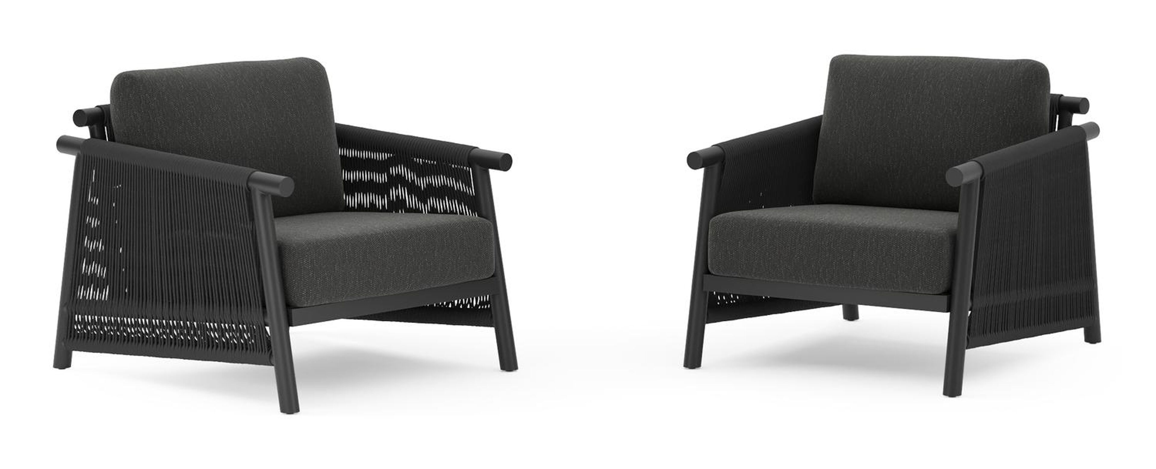 Set van 2 Erla loungestoelen in zwart aluminium en zwart verticaal geweven ronde rope met zwart weather+ softtouch kussens