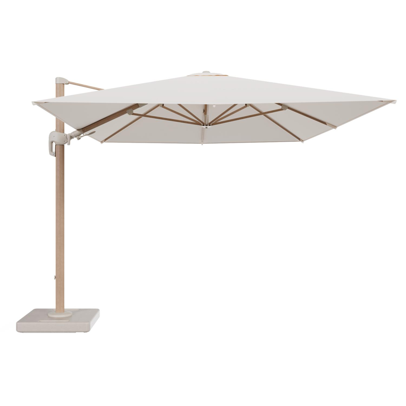 Rufina zweefparasol tiltfunctie in houtlook aluminium en parasoldoek in All Weather Sunbrella® Luxe Natte Linen Chalk - L1 400 x L2 300 cm met parasolvoet Lapido 160 kg