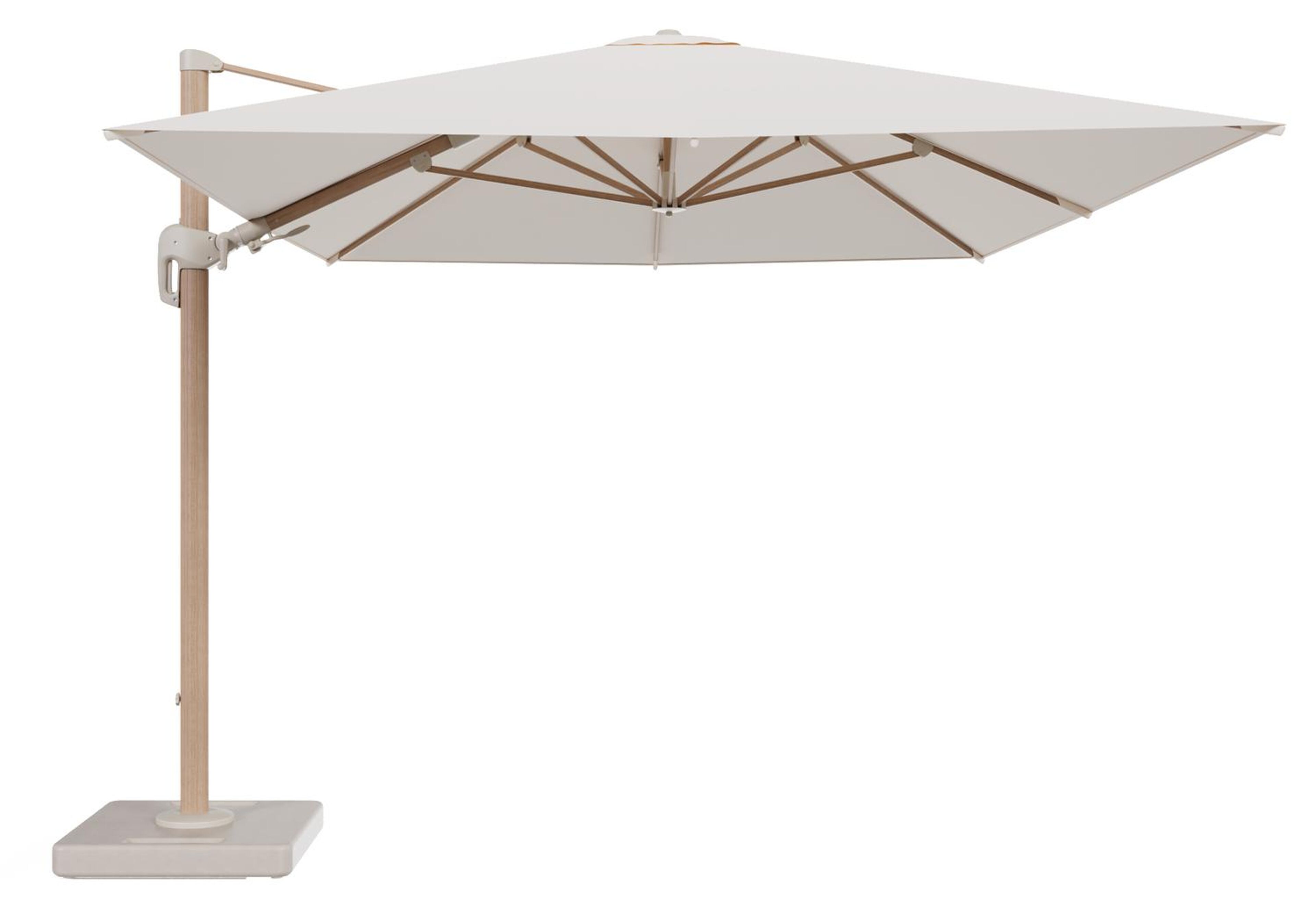 Rufina zweefparasol tiltfunctie in houtlook aluminium en parasoldoek in All Weather Sunbrella® Luxe Natte Linen Chalk - L1 400 x L2 300 cm met parasolvoet Lapido 160 kg