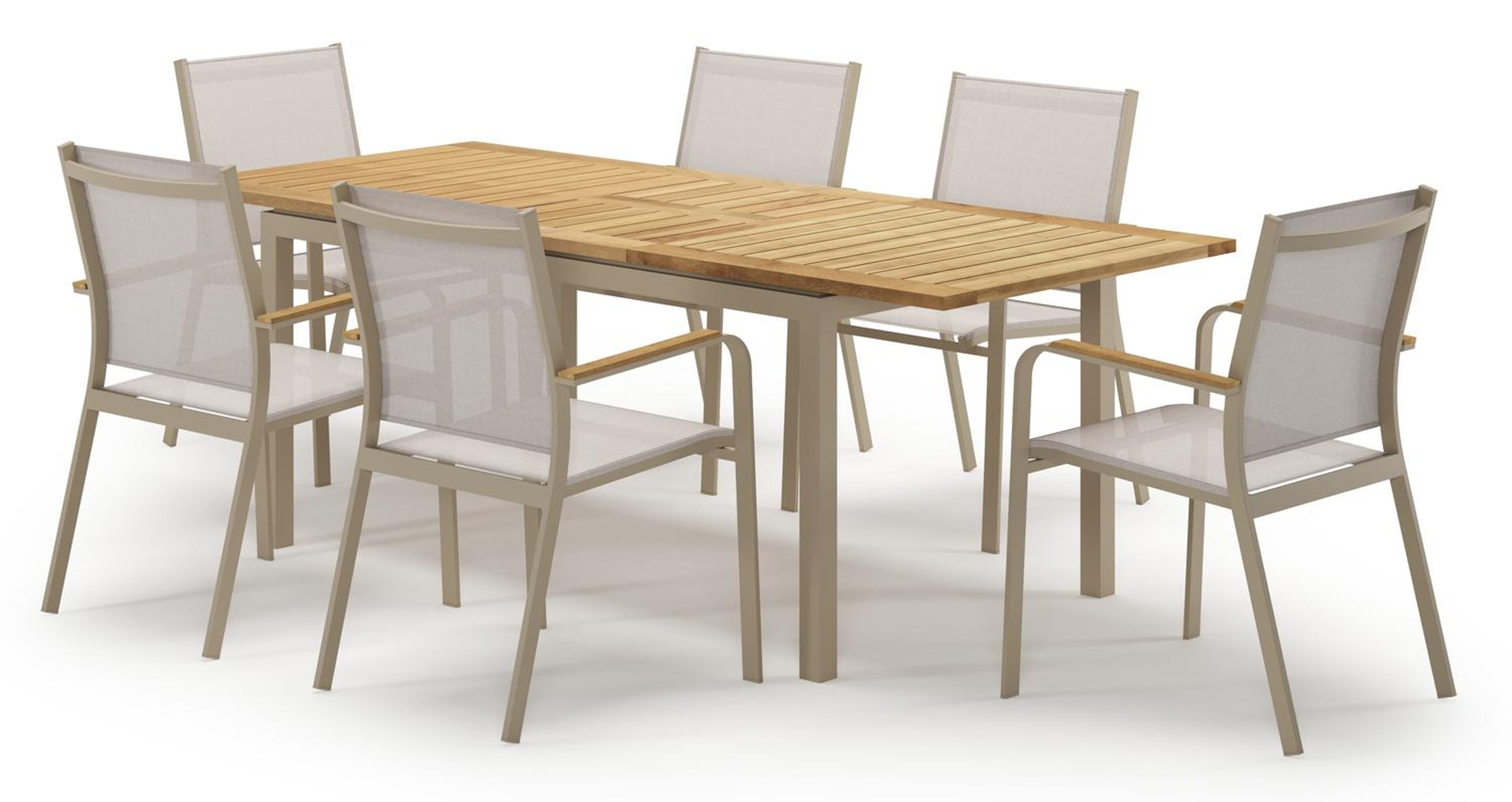 Amalfi verlengbare tuinset rechthoekig in beige aluminium en teak met 6 Amalfi tuinstoelen