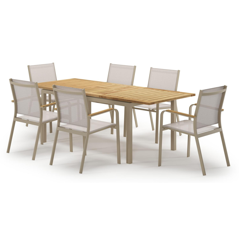 Amalfi verlengbare tuinset rechthoekig in beige aluminium en teak met 6 Amalfi tuinstoelen