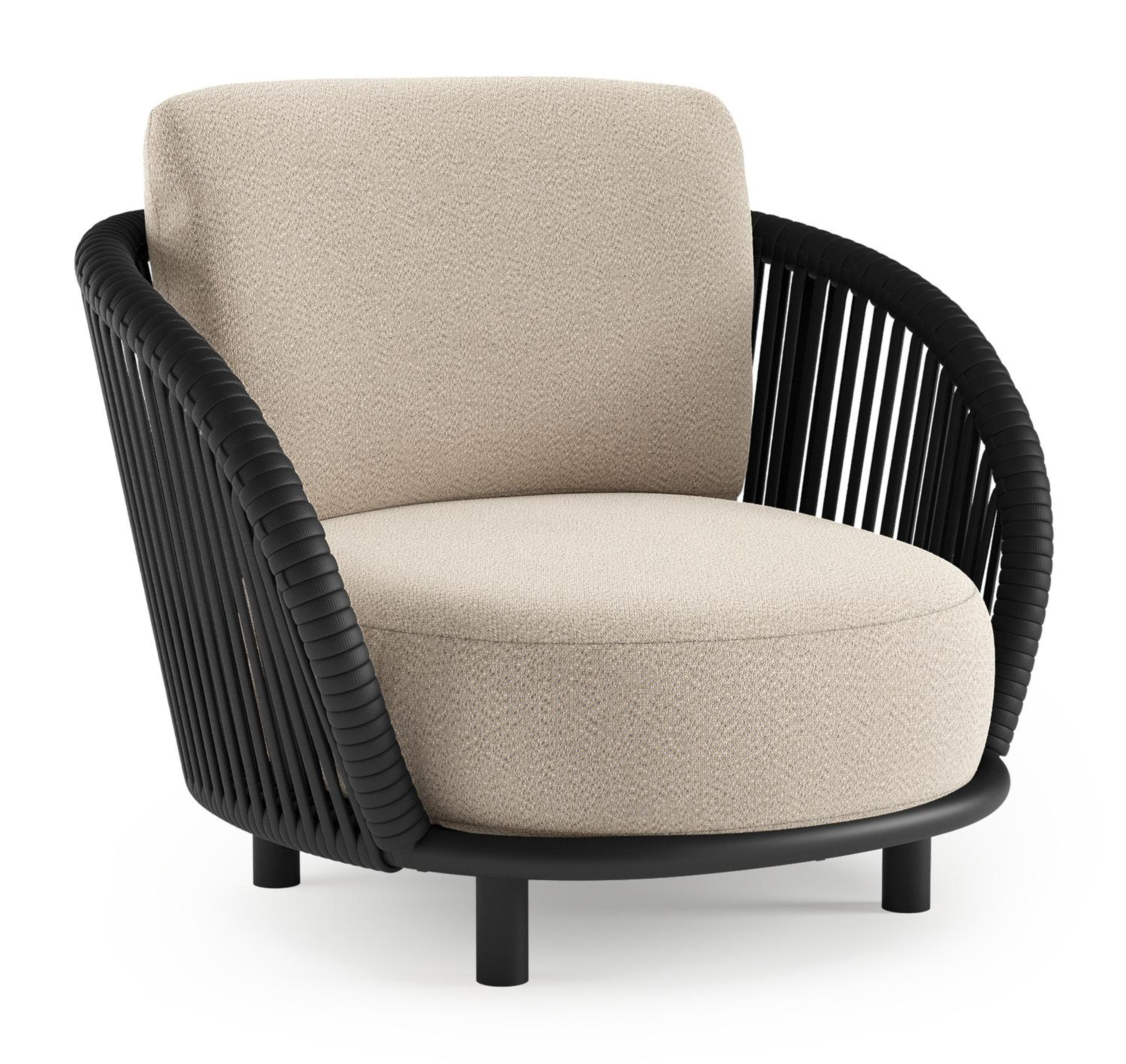 Lupino loungestoel in zwart aluminium en zwart verticaal geweven luxe vlakke brede rope met lopi sand all weather sunbrella® luxe kussen
