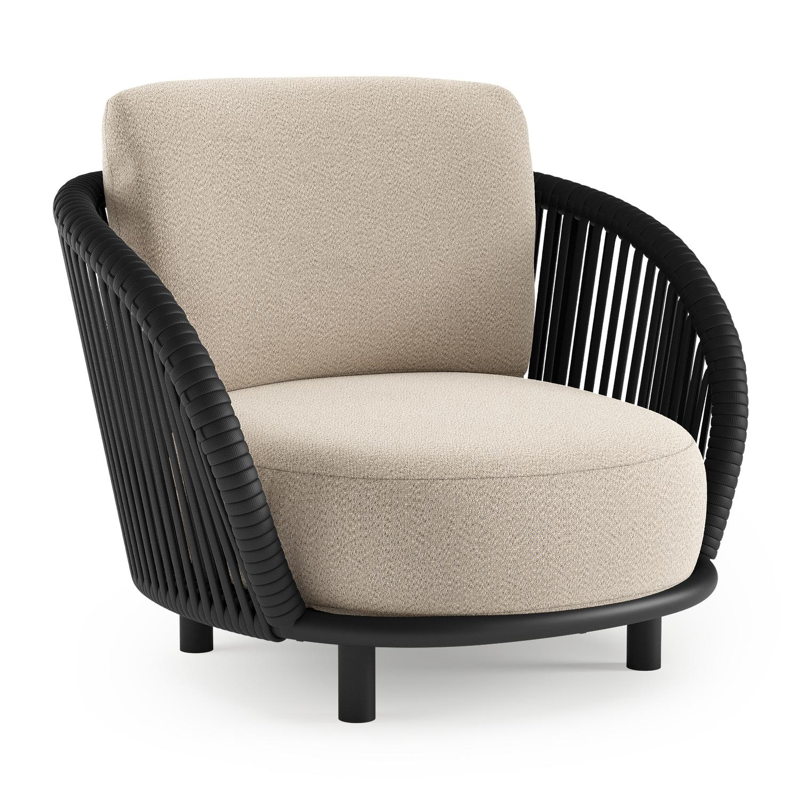 Lupino loungestoel in zwart aluminium en zwart verticaal geweven luxe vlakke brede rope met lopi sand all weather sunbrella® luxe kussen