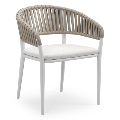 Tolfa stapelbare tuinstoel in wit aluminium en beige verticaal geweven luxe vlakke brede rope met stoelkussen in All Weather Solica Soul Optik